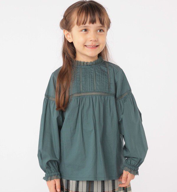 SHIPS KIDS「SHIPS KIDS:100～130cm / レース ピンタック 長袖 ブラウス」|シャツ・ブラウス|ダークグリーン