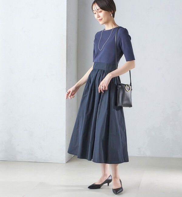 SHIPS for women「〈手洗い可能〉タフタ コンビ ニット パフスリーブ ワンピース」|ワンピース|ネイビー