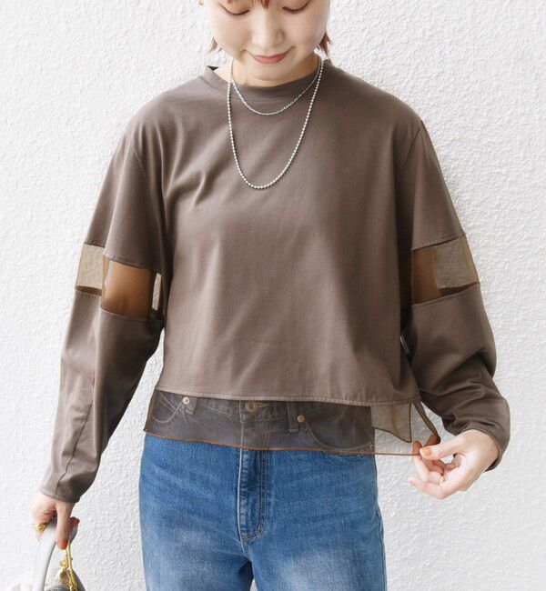 SHIPS for women「〈手洗い可能〉シアー コンビ プルオーバー ロング スリーブ」|Tシャツ・カットソー|