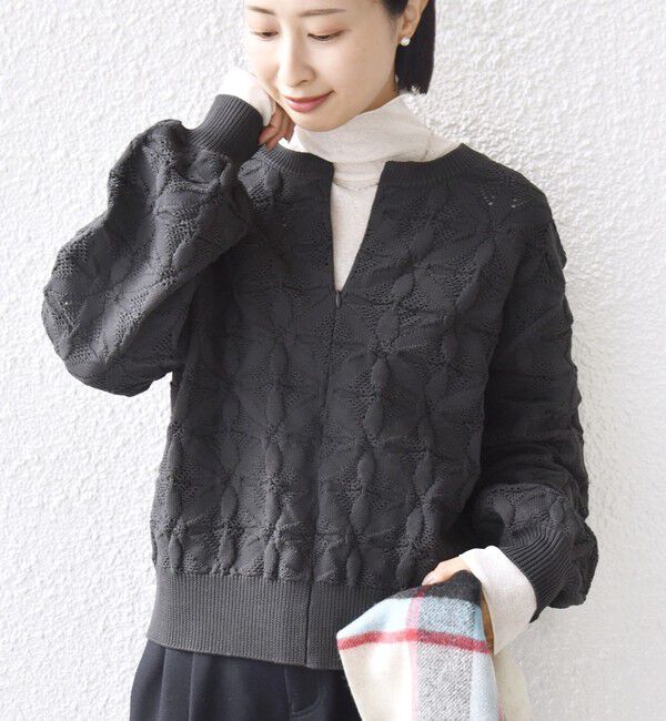 SHIPS for women「【WEB限定】〈洗濯機可能〉2WAY フラワー ジャカード ハーフ ジップ プルオーバー」|ニット・セーター|チャコールグレー