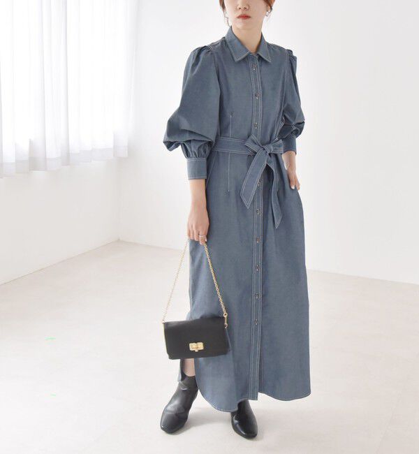 quaranciel「quaranciel:〈洗濯機可能〉シャンブレー パフ ロング シャツ ワンピース」|ワンピース|ブルー