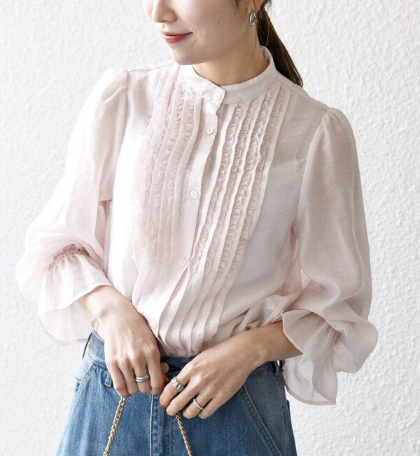 SHIPS any「《予約》SHIPS any:〈手洗い可能〉シアー フリル バンドカラー シャツ ブラウス」|シャツ・ブラウス|