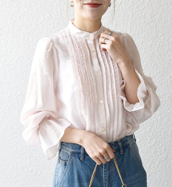 SHIPS any「《予約》SHIPS any:〈手洗い可能〉シアー フリル バンドカラー シャツ ブラウス」|シャツ・ブラウス|