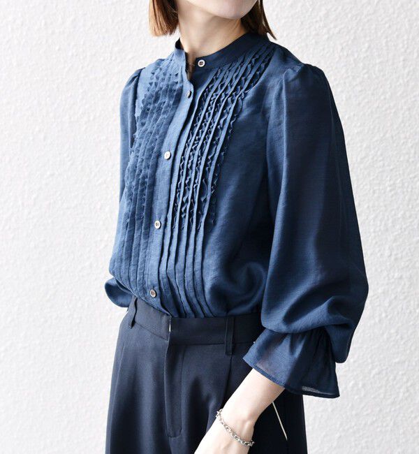 SHIPS any「《予約》SHIPS any:〈手洗い可能〉シアー フリル バンドカラー シャツ ブラウス」|シャツ・ブラウス|