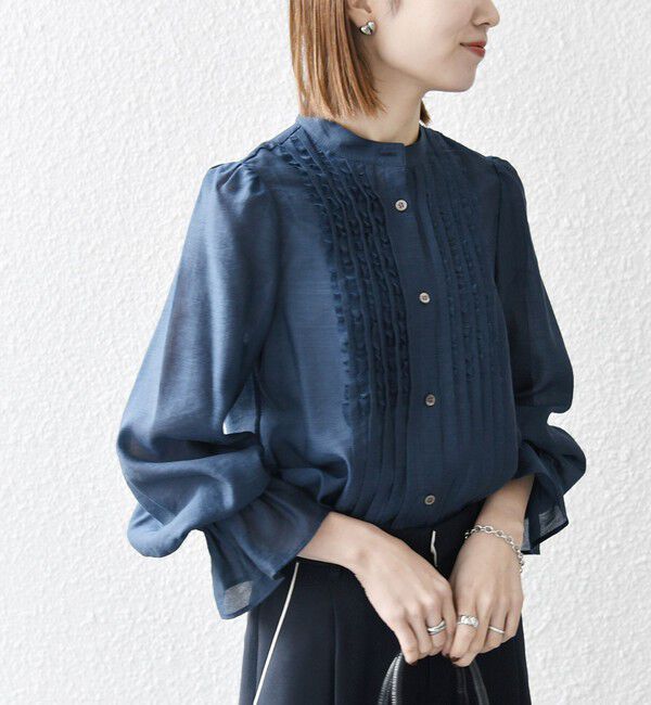 SHIPS any「《予約》SHIPS any:〈手洗い可能〉シアー フリル バンドカラー シャツ ブラウス」|シャツ・ブラウス|