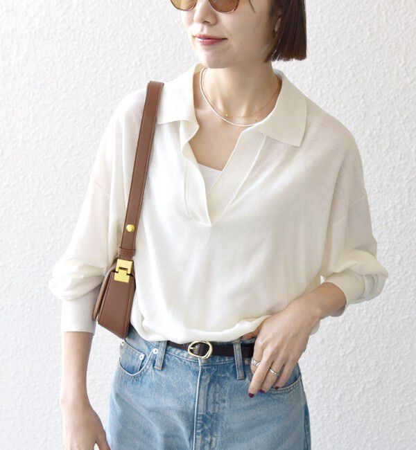 SHIPS any「SHIPS any:〈UVカット/手洗い可能〉シアー スキッパー ニット ポロシャツ」|Tシャツ・カットソー|
