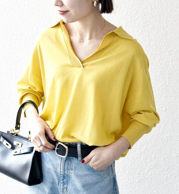 SHIPS any「SHIPS any:〈UVカット/手洗い可能〉シアー スキッパー ニット ポロシャツ」|Tシャツ・カットソー|イエロー