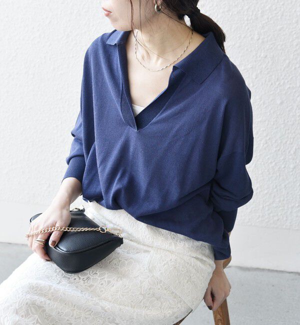 SHIPS any「SHIPS any:〈UVカット/手洗い可能〉シアー スキッパー ニット ポロシャツ」|Tシャツ・カットソー|