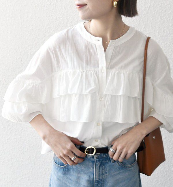 SHIPS any「SHIPS any:〈洗濯機可能〉シアー ボイル フリル バンドカラー シャツ ブラウス」|シャツ・ブラウス|