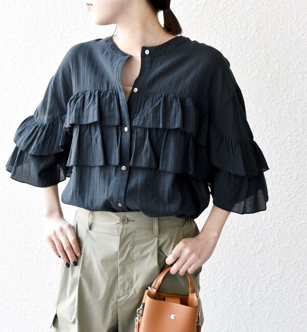 SHIPS any「SHIPS any:〈洗濯機可能〉シアー ボイル フリル バンドカラー シャツ ブラウス」|シャツ・ブラウス|