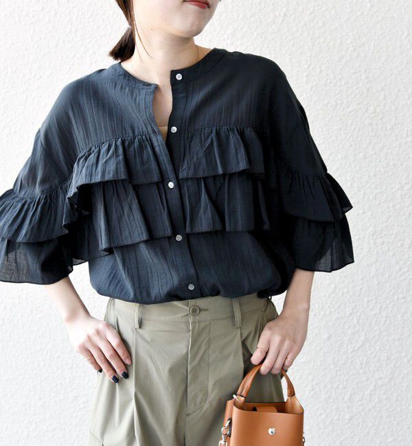 SHIPS any「SHIPS any:〈洗濯機可能〉シアー ボイル フリル バンドカラー シャツ ブラウス」|シャツ・ブラウス|