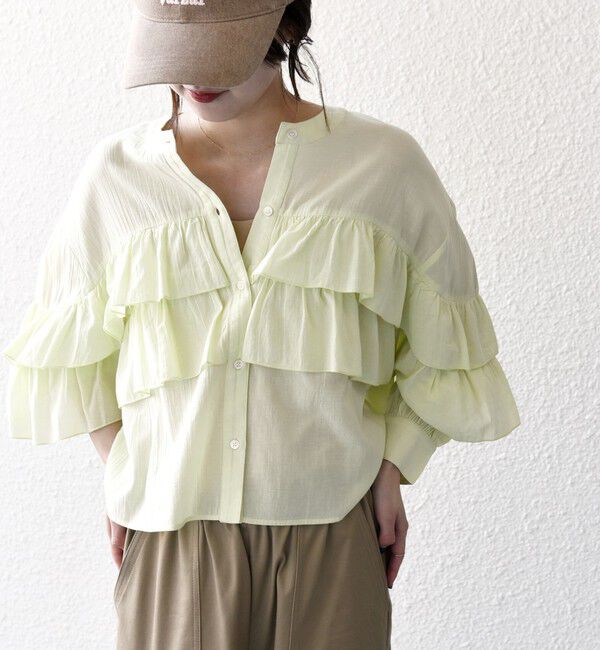 SHIPS any「SHIPS any:〈洗濯機可能〉シアー ボイル フリル バンドカラー シャツ ブラウス」|シャツ・ブラウス|