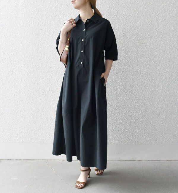 SHIPS any「SHIPS any:〈洗濯機可能〉タイプライター ボリューム シャツ ワンピース」|ワンピース|ブラック