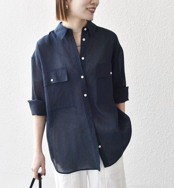 SHIPS any「SHIPS any:〈洗濯機可能〉シアー リボン レギュラーカラー ポケット シャツ」|シャツ・ブラウス|ネイビー