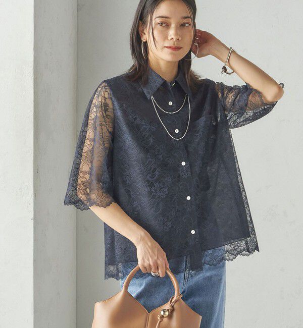 SHIPS for women「〈手洗い可能〉ラッセル レース シャツ」|シャツ・ブラウス|ネイビー