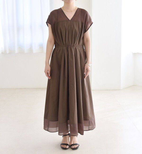 quaranciel「quaranciel :〈洗濯機可能〉シアー ドッキング Vネック フレンチスリーブ ワンピース」|ワンピース|