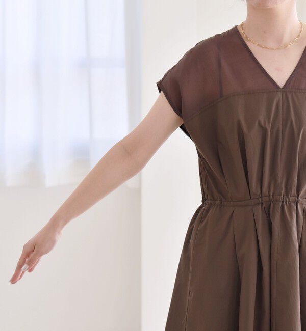 quaranciel「quaranciel :〈洗濯機可能〉シアー ドッキング Vネック フレンチスリーブ ワンピース」|ワンピース|