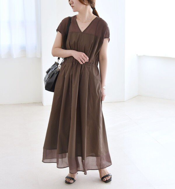 quaranciel「quaranciel :〈洗濯機可能〉シアー ドッキング Vネック フレンチスリーブ ワンピース」|ワンピース|