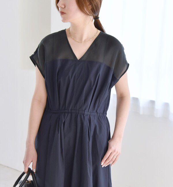 quaranciel「quaranciel :〈洗濯機可能〉シアー ドッキング Vネック フレンチスリーブ ワンピース」|ワンピース|