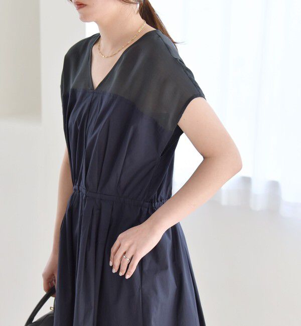 quaranciel「quaranciel :〈洗濯機可能〉シアー ドッキング Vネック フレンチスリーブ ワンピース」|ワンピース|