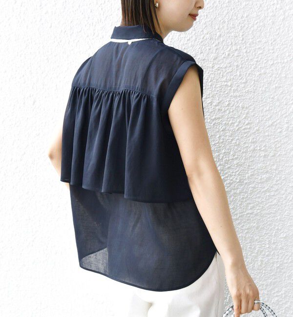 SHIPS for women「【WEB限定】〈洗濯機可能〉シアー リネンライク バック フリル ブラウス」|シャツ・ブラウス|ネイビー