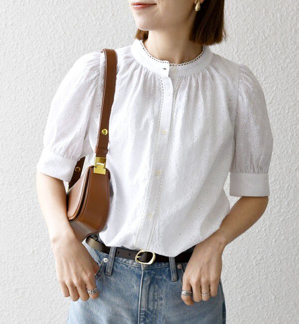 SHIPS any「SHIPS any: エンブロイダリー シャンブレー スタンドカラー パフ ブラウス」|シャツ・ブラウス|ホワイト