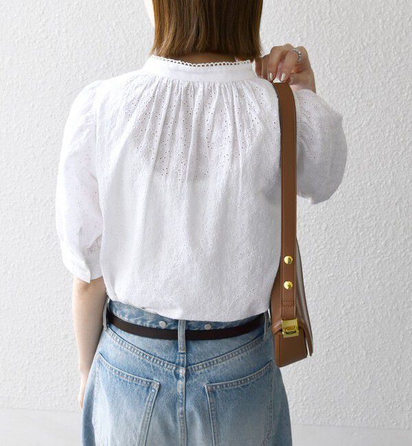 SHIPS any「SHIPS any: エンブロイダリー シャンブレー スタンドカラー パフ ブラウス」|シャツ・ブラウス|