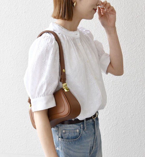 SHIPS any「SHIPS any: エンブロイダリー シャンブレー スタンドカラー パフ ブラウス」|シャツ・ブラウス|