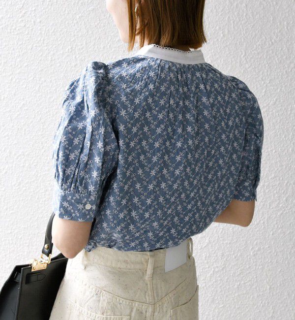 SHIPS any「SHIPS any: エンブロイダリー シャンブレー スタンドカラー パフ ブラウス」|シャツ・ブラウス|