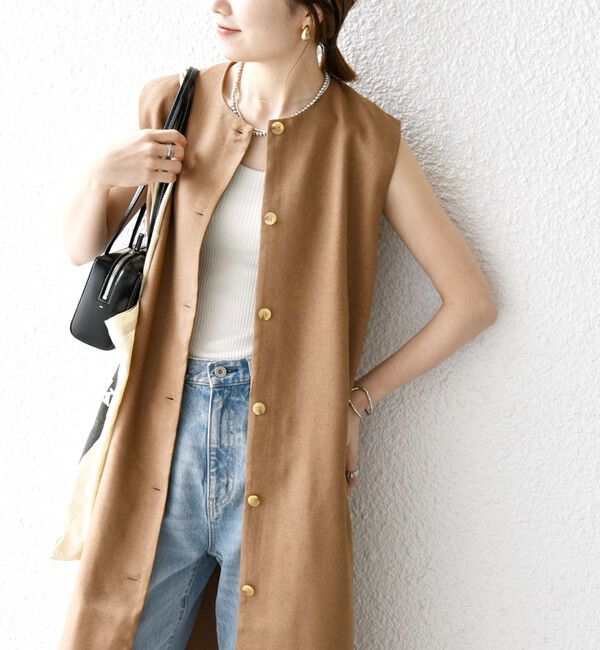 SHIPS any「SHIPS any:〈洗濯機可能〉リネンライク ジレ ワンピース &times; イージー パンツ セットアップ」|その他|キャメル