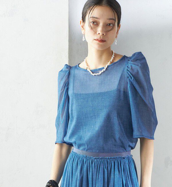 SHIPS for women「troisiemeCHACO:〈手洗い可能〉デニム プリント チュール ブラウス」|シャツ・ブラウス|ブルー