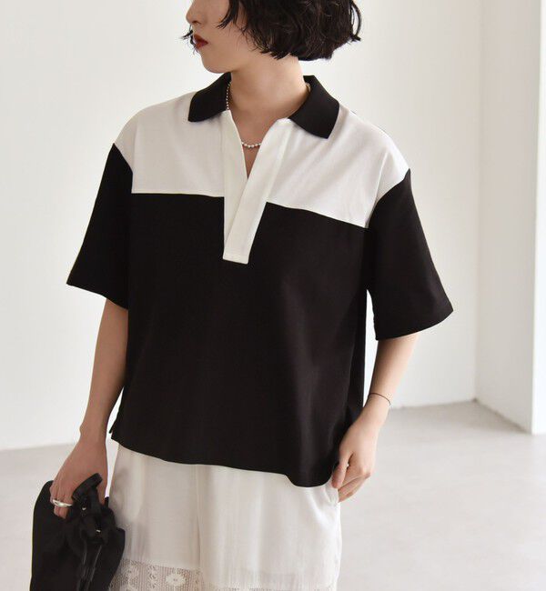quaranciel「quaranciel:〈洗濯機可能〉カノコ スキッパー デザイン ワイド ポロシャツ」|Tシャツ・カットソー|ブラック