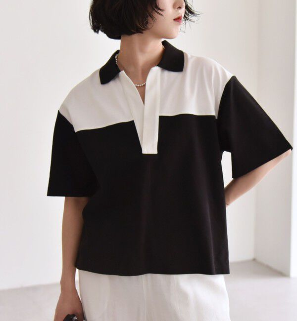quaranciel「quaranciel:〈洗濯機可能〉カノコ スキッパー デザイン ワイド ポロシャツ」|Tシャツ・カットソー|