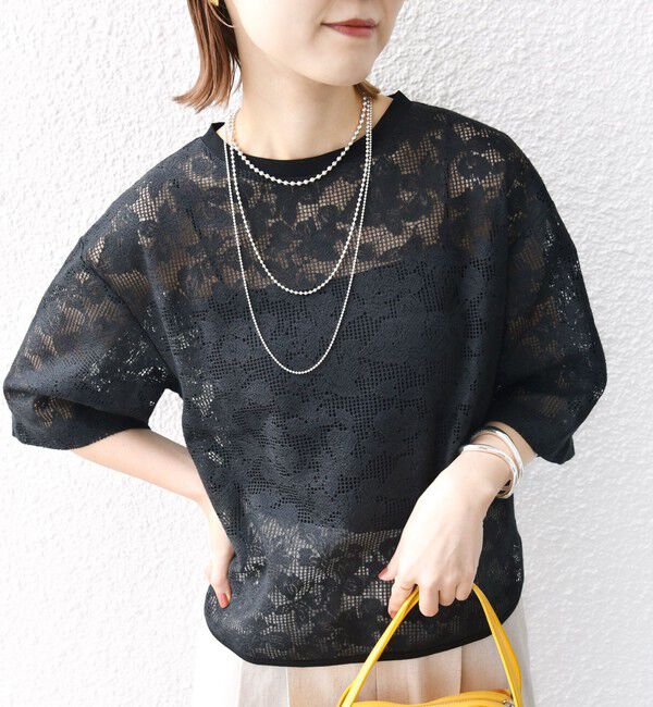 SHIPS for women「〈手洗い可能〉オーガニック コットン レース ショート スリーブ プルオーバー」|Tシャツ・カットソー|ブラック