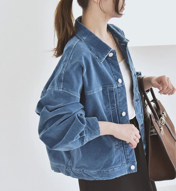 quaranciel「quaranciel:〈洗濯機可能〉コットン ベロア インディゴ ボリュームスリーブ ショート ブルゾン」|ブルゾン・スタジャン|ブルー
