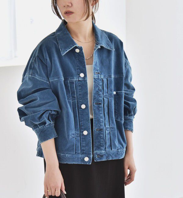 quaranciel「quaranciel:〈洗濯機可能〉コットン ベロア インディゴ ボリュームスリーブ ショート ブルゾン」|ブルゾン・スタジャン|