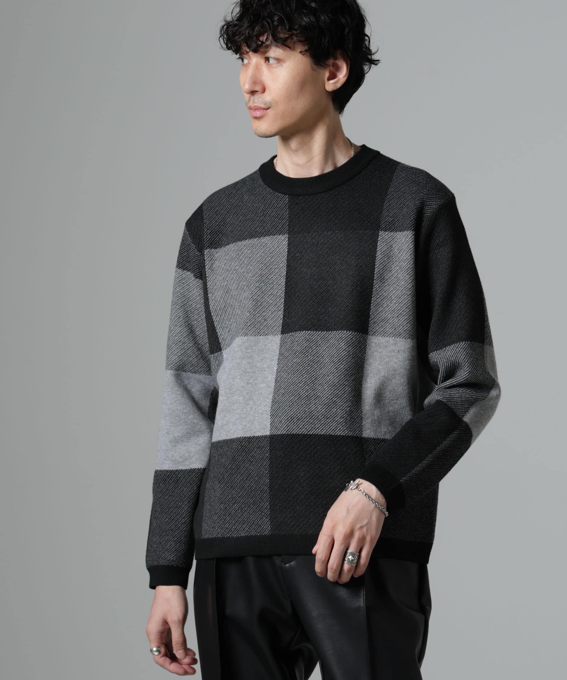 nano･universe「ブロックチェッククルーネックニット」|ニット・セーター|ブラック
