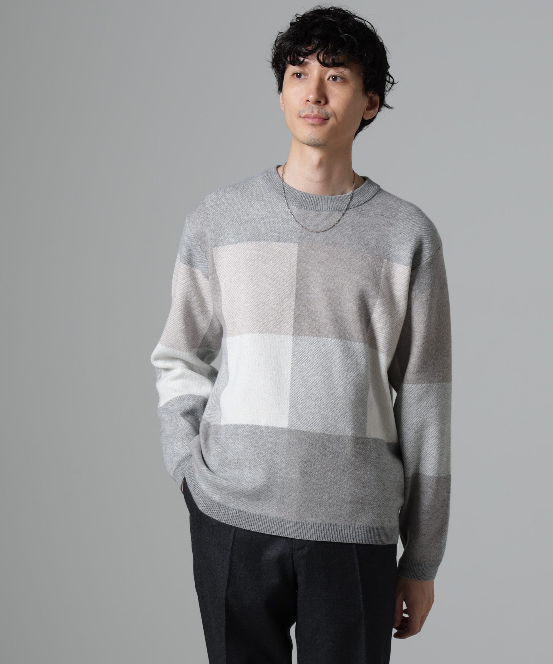 nano･universe「ブロックチェッククルーネックニット」|ニット・セーター|
