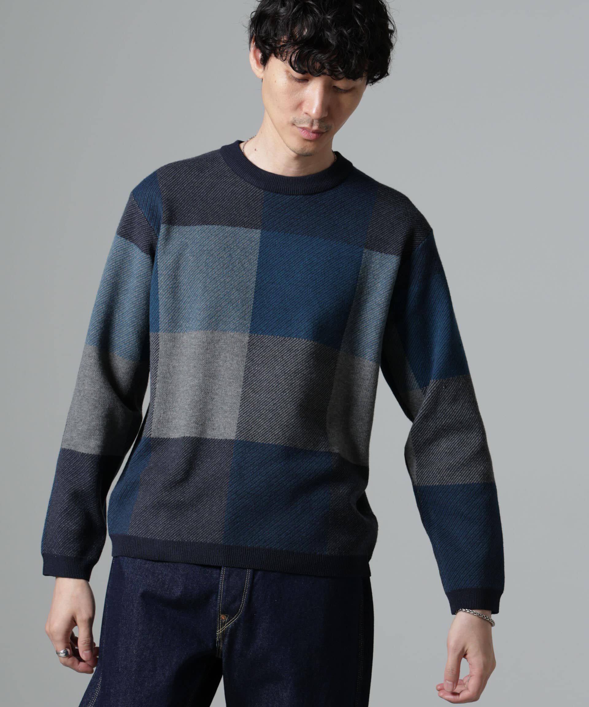 nano･universe「ブロックチェッククルーネックニット」|ニット・セーター|