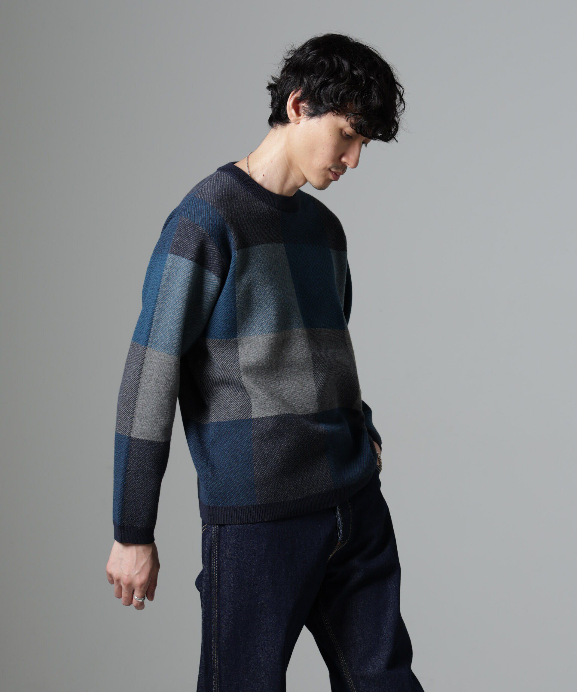 nano･universe「ブロックチェッククルーネックニット」|ニット・セーター|