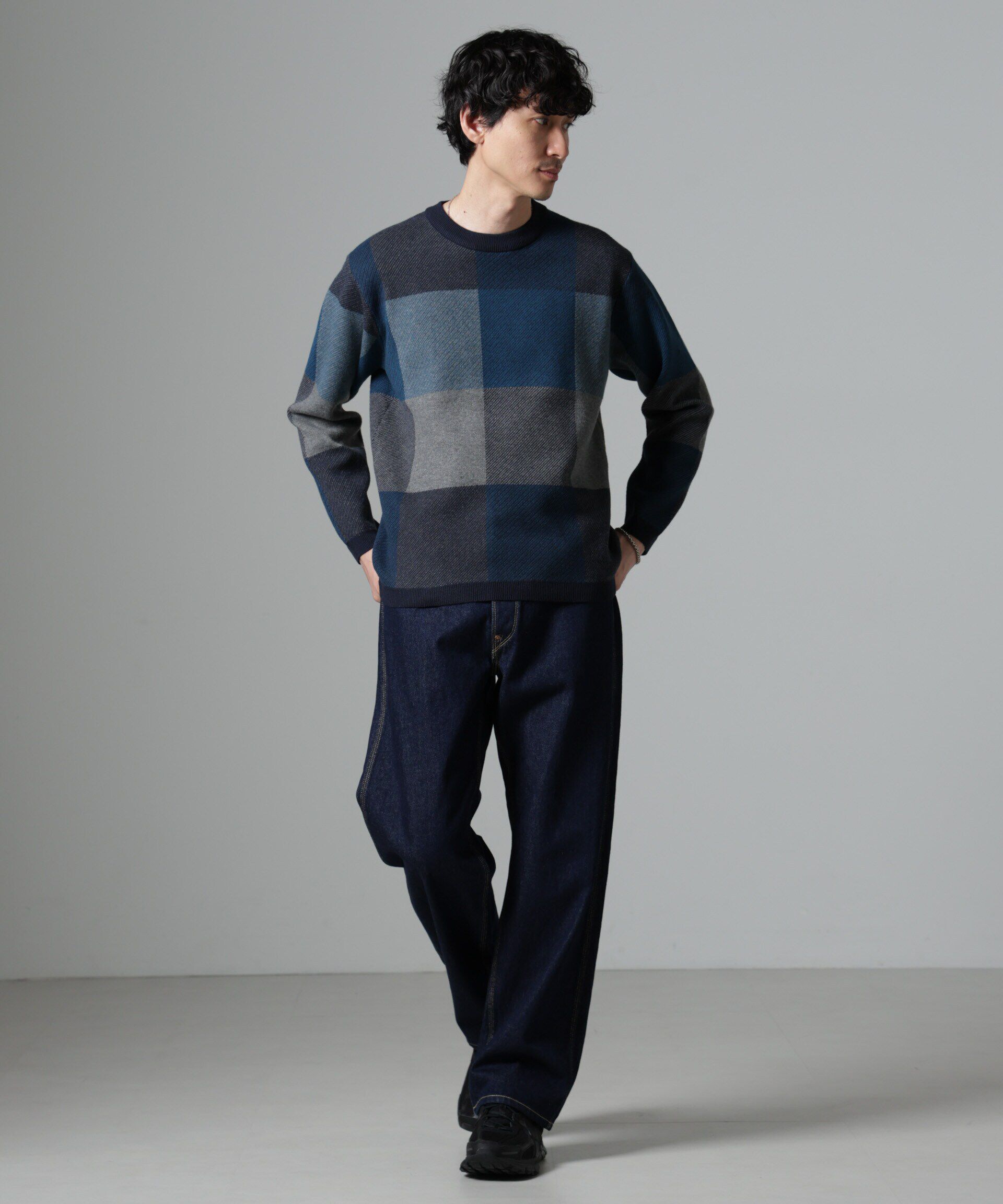 nano･universe「ブロックチェッククルーネックニット」|ニット・セーター|