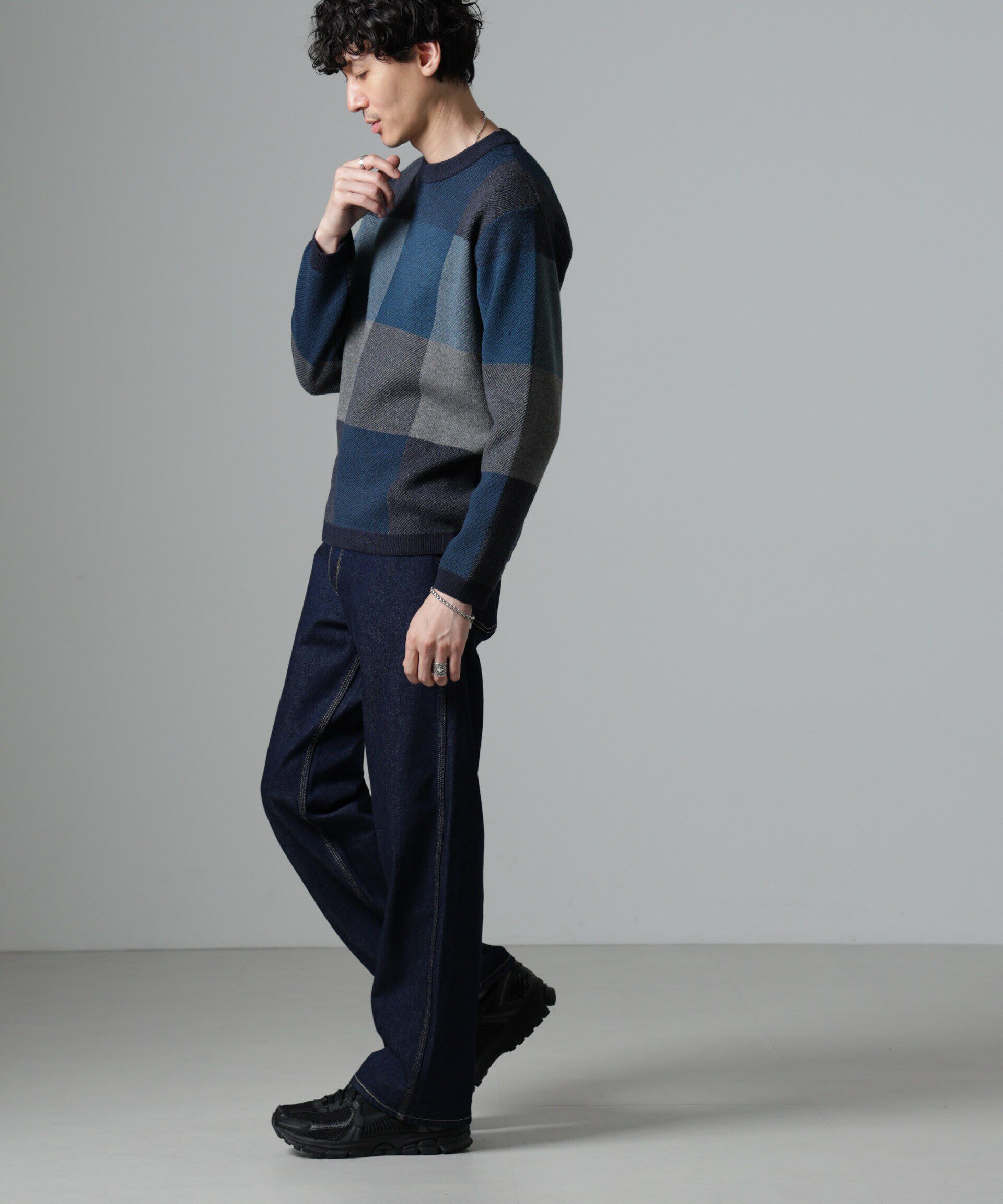nano･universe「ブロックチェッククルーネックニット」|ニット・セーター|