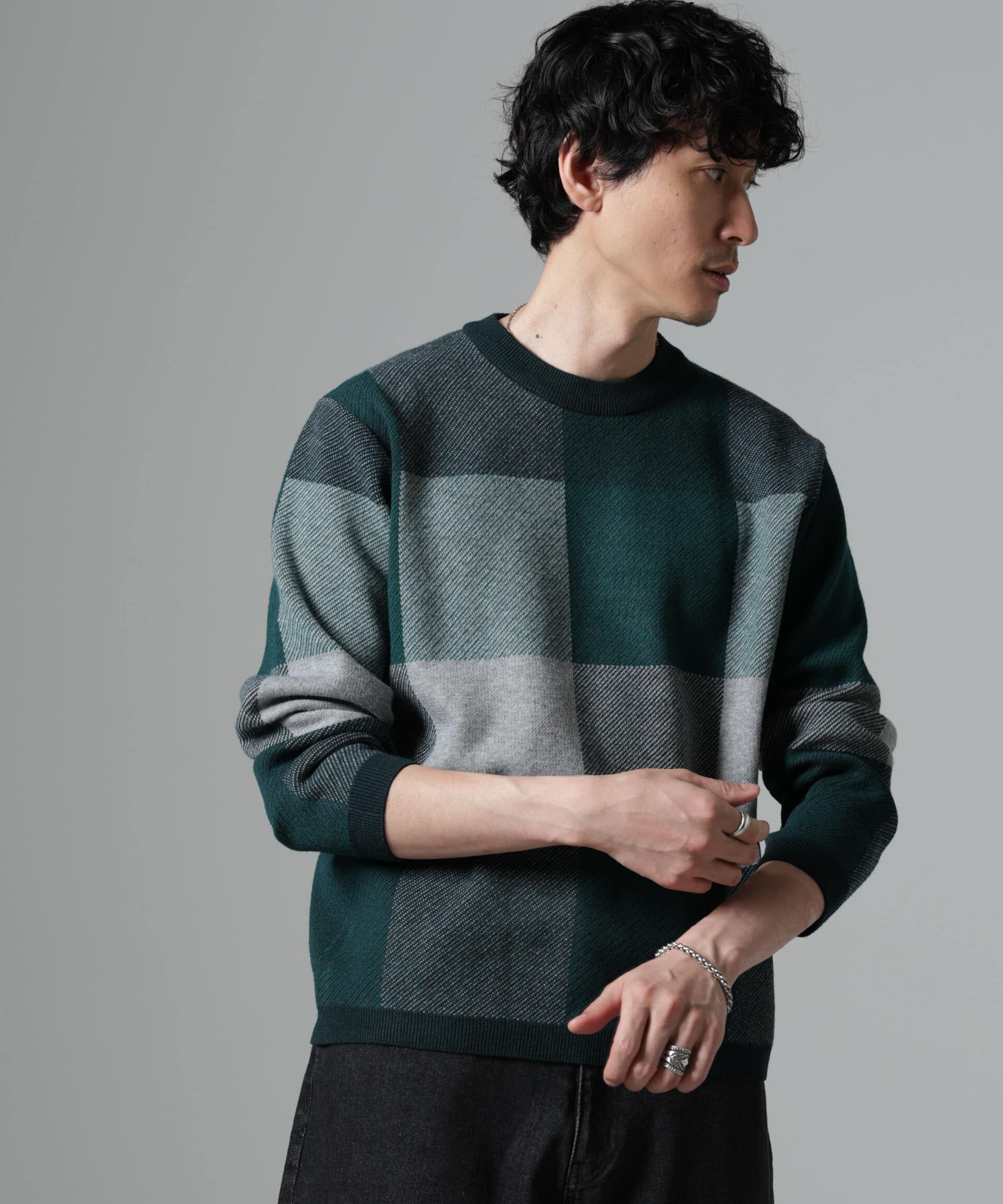 nano･universe「ブロックチェッククルーネックニット」|ニット・セーター|