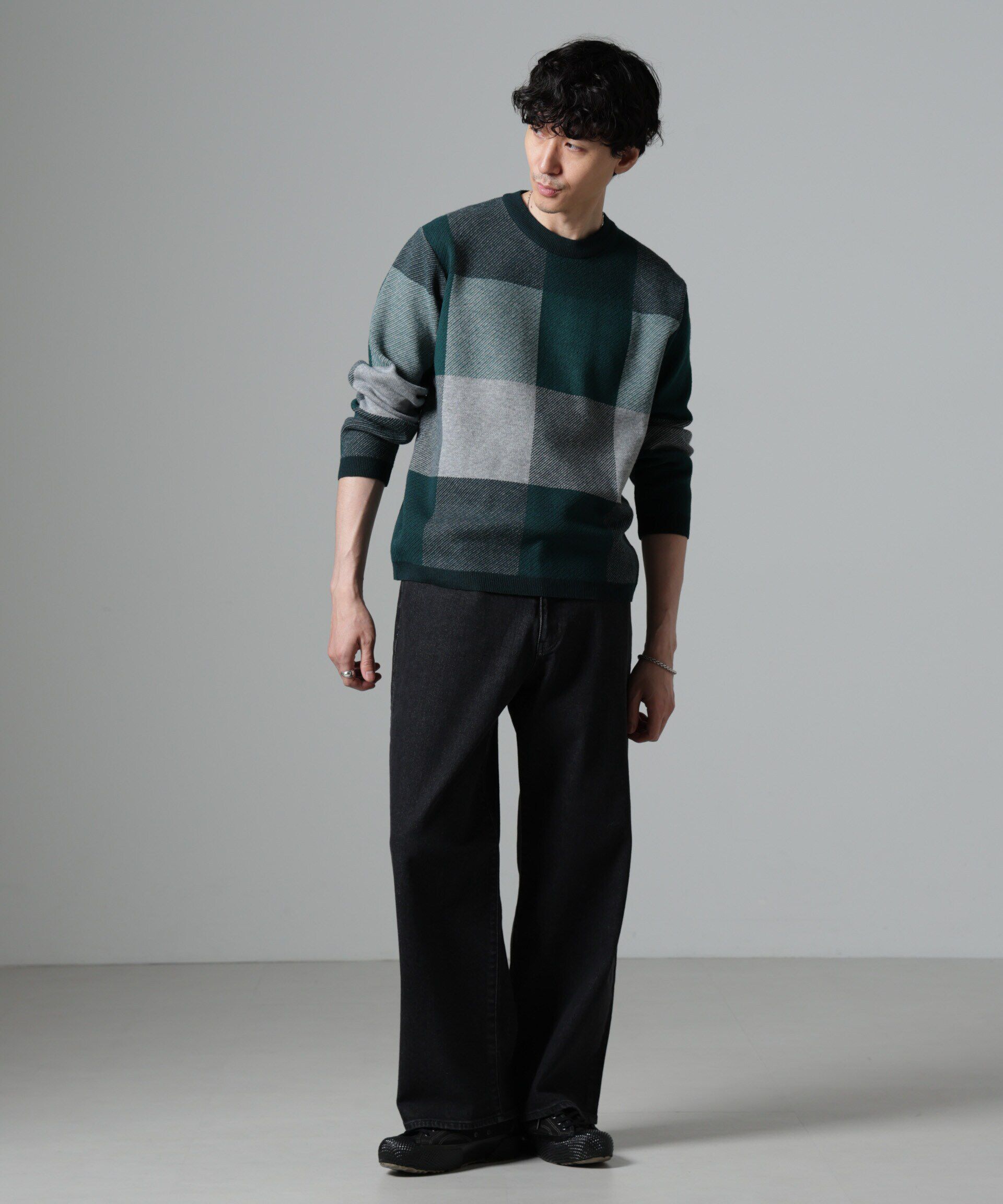 nano･universe「ブロックチェッククルーネックニット」|ニット・セーター|