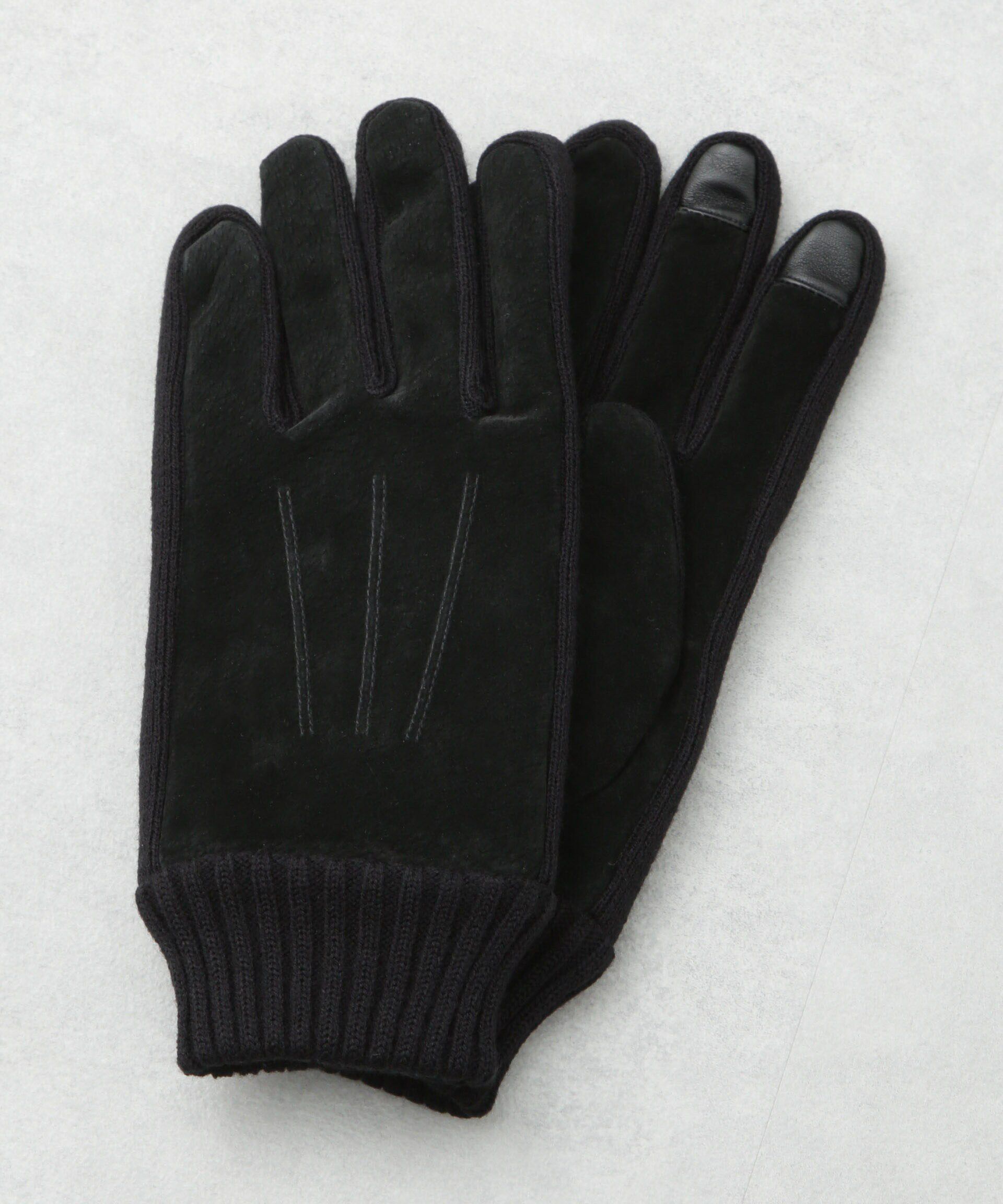 nano･universe「タッチパネル対応 Thinsulate スウェード&times;ニット切替グローブ」|手袋|ブラック