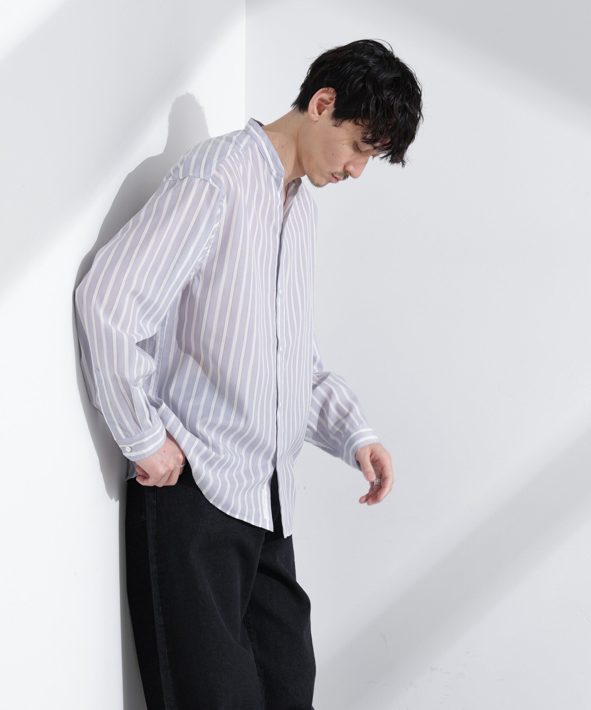 nano･universe「「大人のワイドシャツ」バンドカラー　ストライプ 長袖」|シャツ・ブラウス|グレー