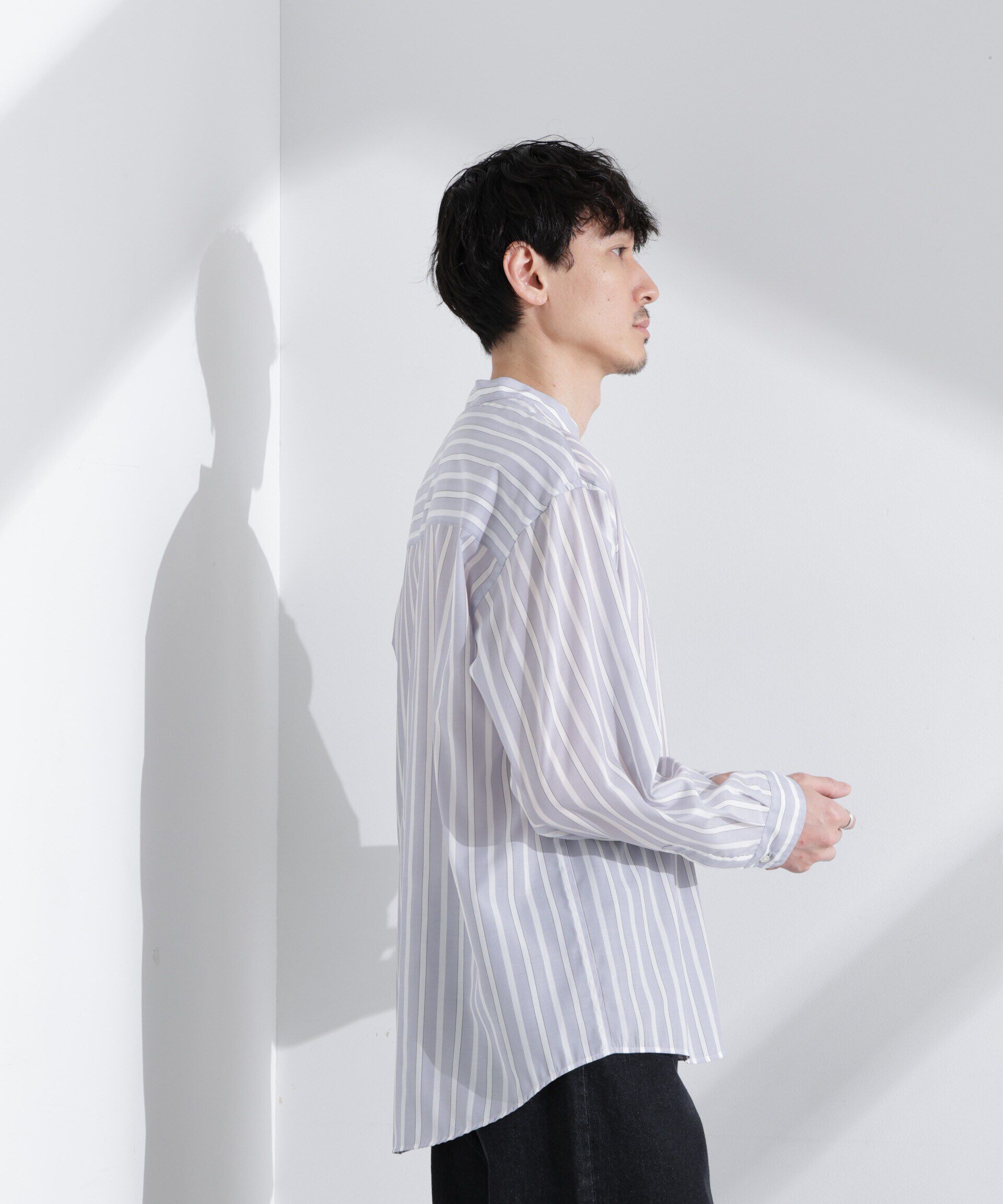 nano･universe「「大人のワイドシャツ」バンドカラー　ストライプ 長袖」|シャツ・ブラウス|