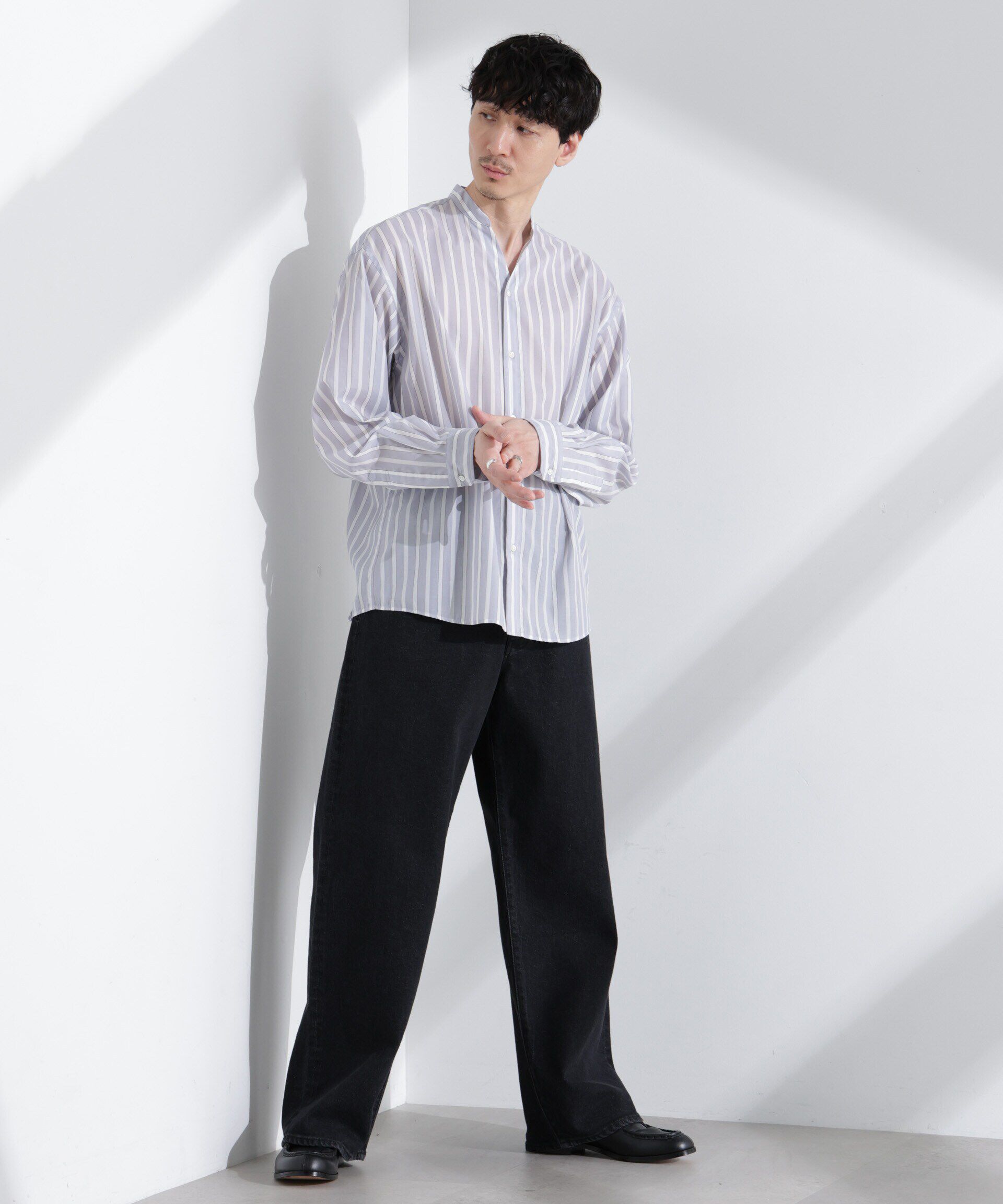 nano･universe「「大人のワイドシャツ」バンドカラー　ストライプ 長袖」|シャツ・ブラウス|