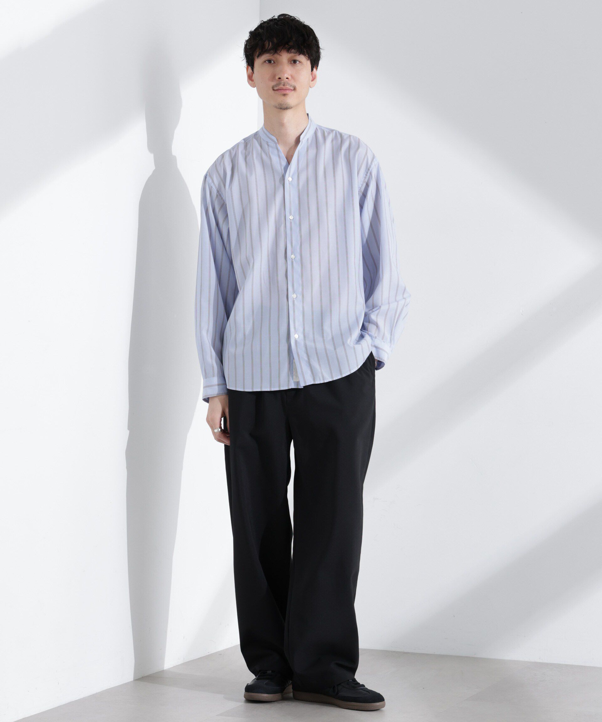 nano･universe「「大人のワイドシャツ」バンドカラー　ストライプ 長袖」|シャツ・ブラウス|