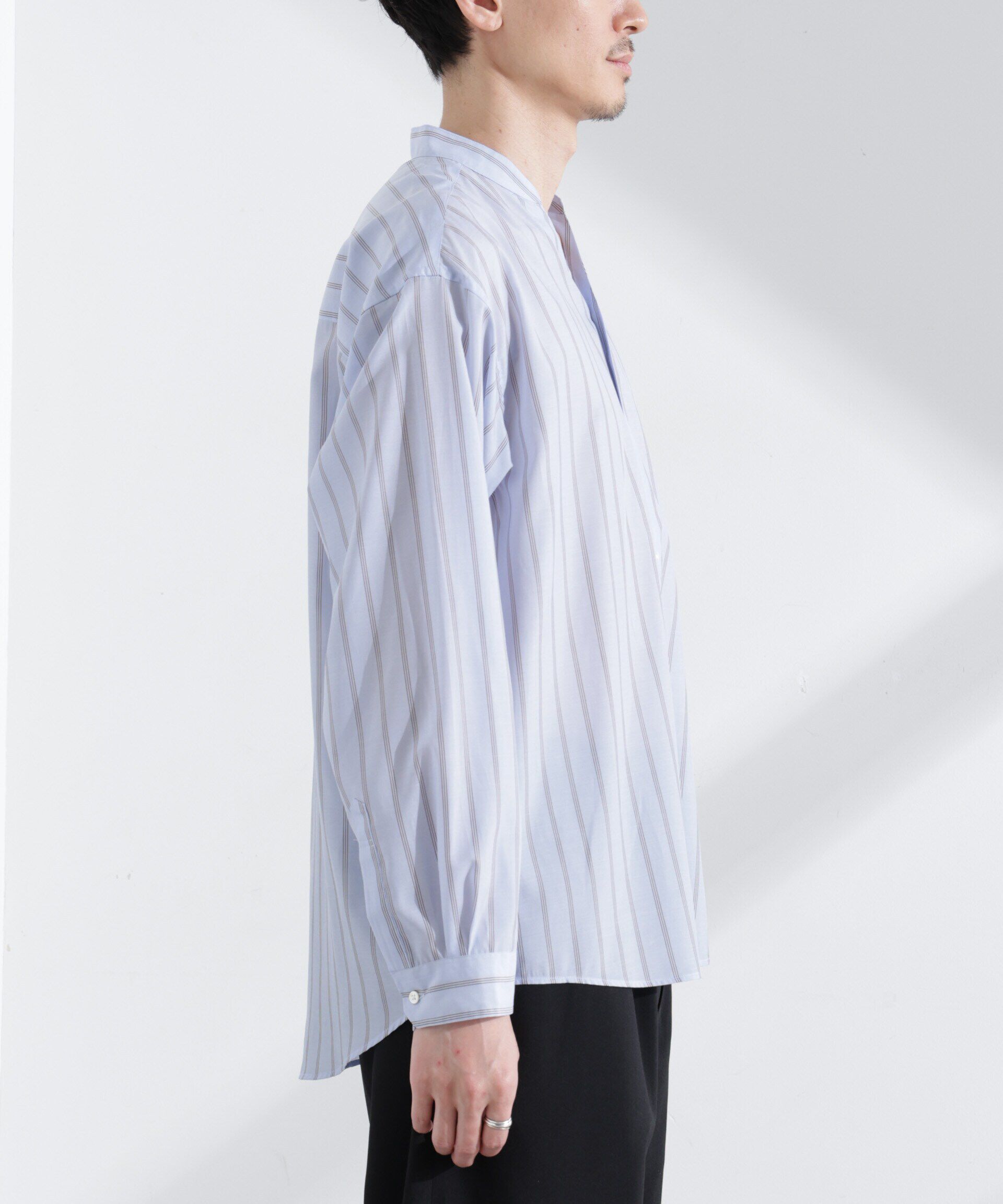 nano･universe「「大人のワイドシャツ」バンドカラー　ストライプ 長袖」|シャツ・ブラウス|